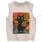 Unisex Cat Printed Washed Tank Top