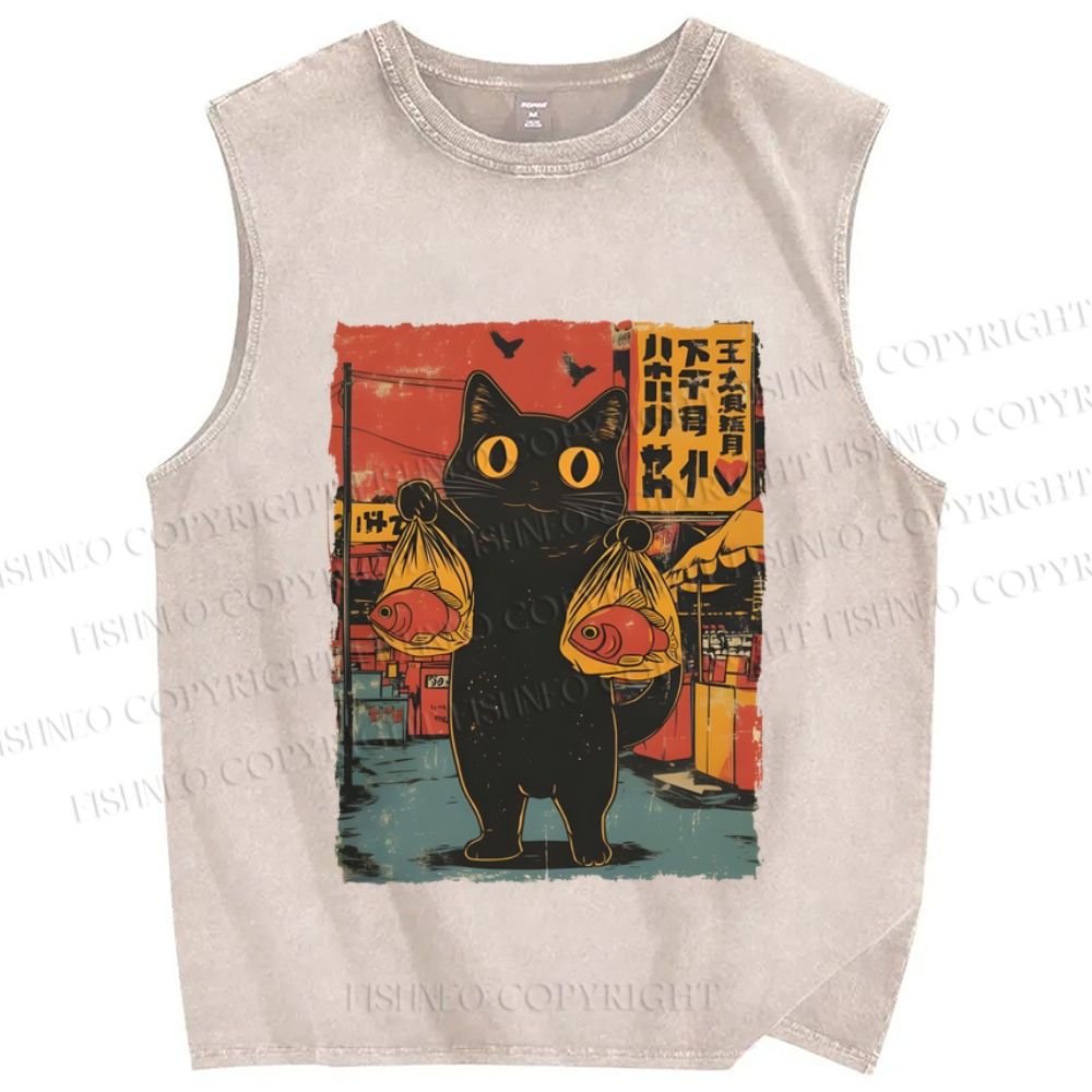 Unisex Cat Printed Washed Tank Top