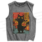 Unisex Cat Printed Washed Tank Top