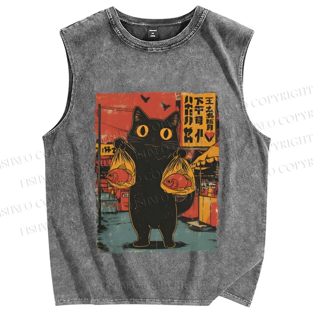 Unisex Cat Printed Washed Tank Top