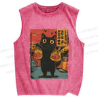 Unisex Cat Printed Washed Tank Top