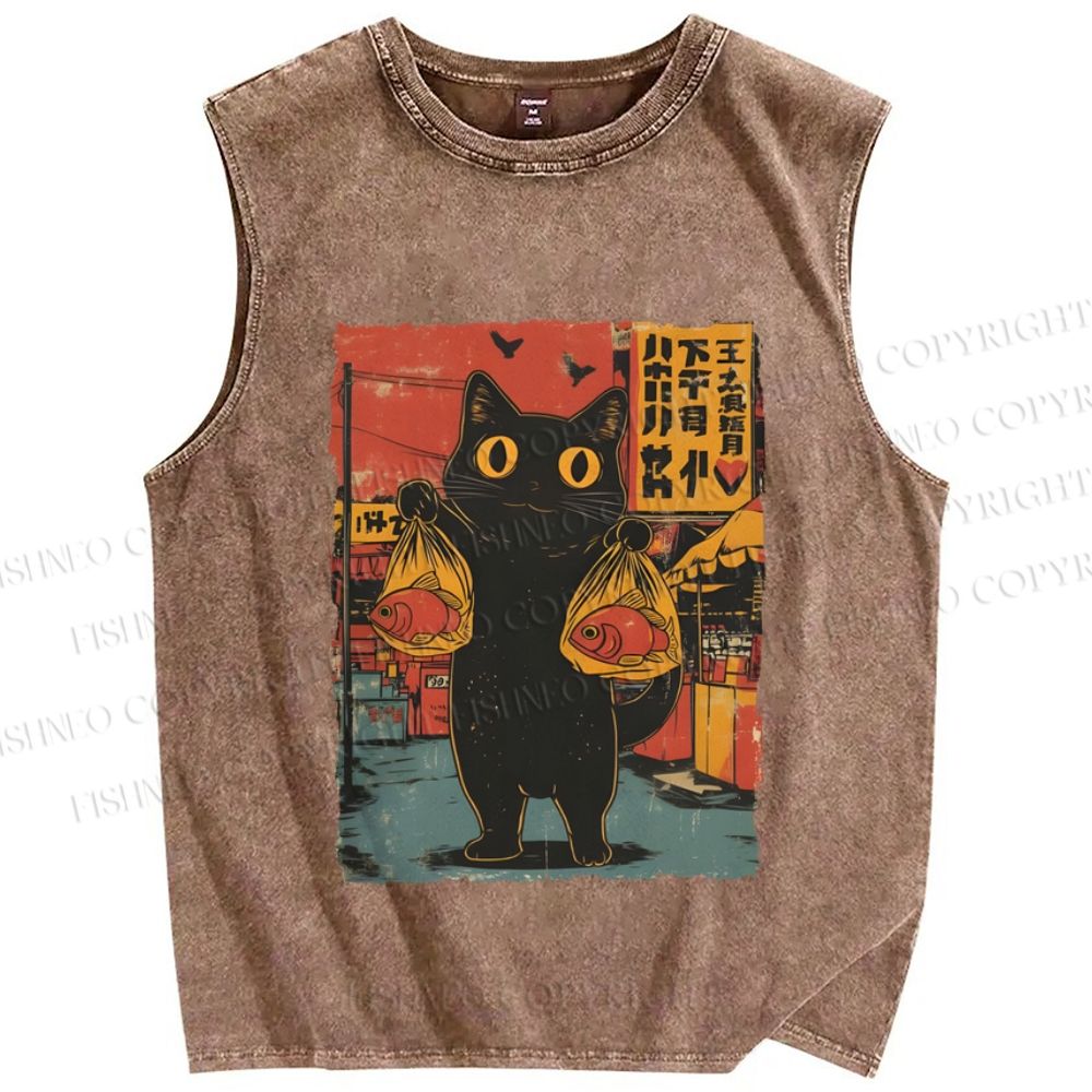 Unisex Cat Printed Washed Tank Top
