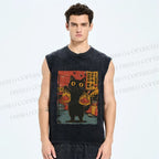 Unisex Cat Printed Washed Tank Top