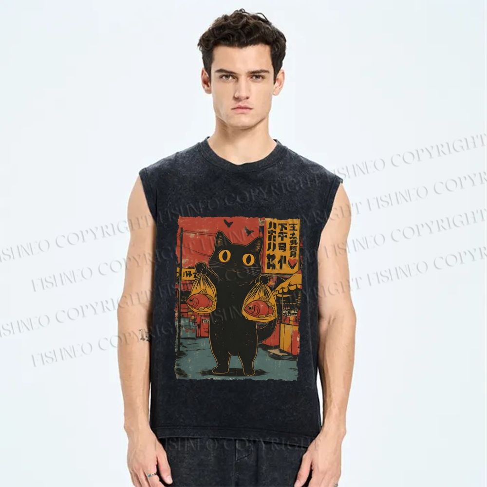 Unisex Cat Printed Washed Tank Top
