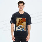 Unisex Japanese Wave Cat Printed Washed Tee