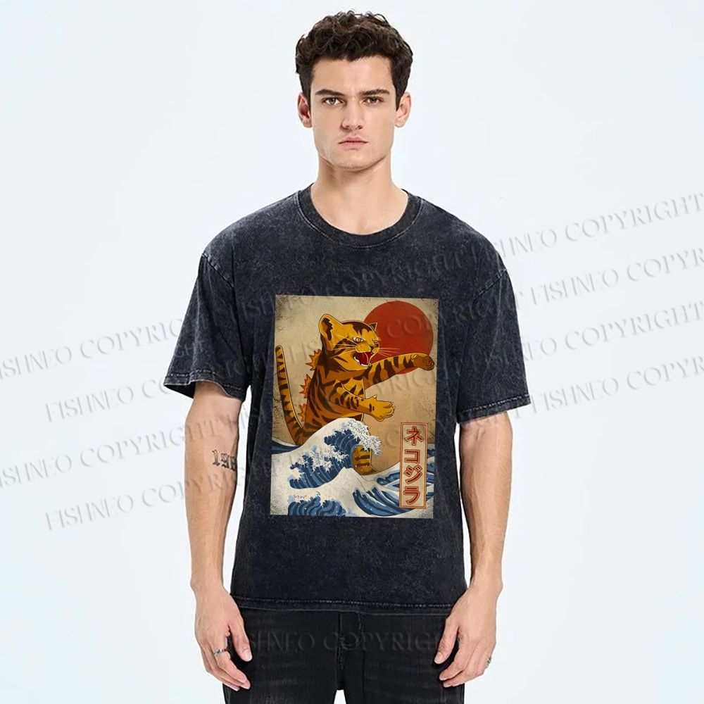Unisex Japanese Wave Cat Printed Washed Tee