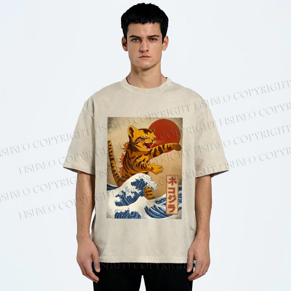 Unisex Japanese Wave Cat Printed Washed Tee