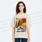 Unisex Japanese Wave Cat Printed Washed Tee