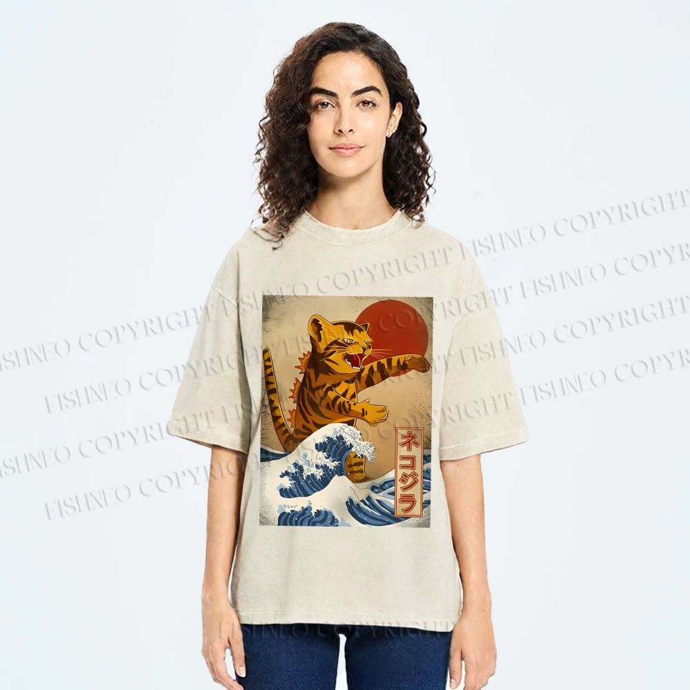 Unisex Japanese Wave Cat Printed Washed Tee
