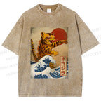 Unisex Japanese Wave Cat Printed Washed Tee