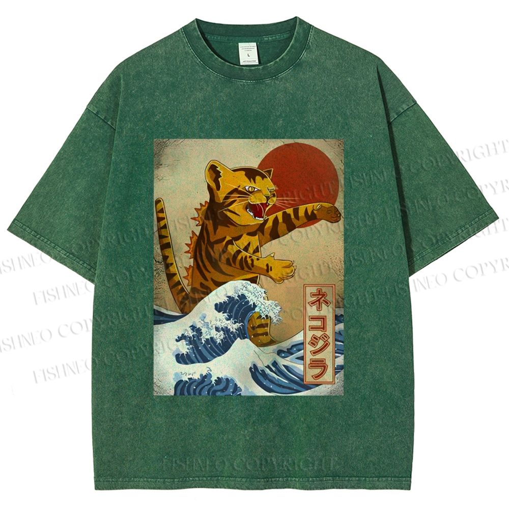 Unisex Japanese Wave Cat Printed Washed Tee