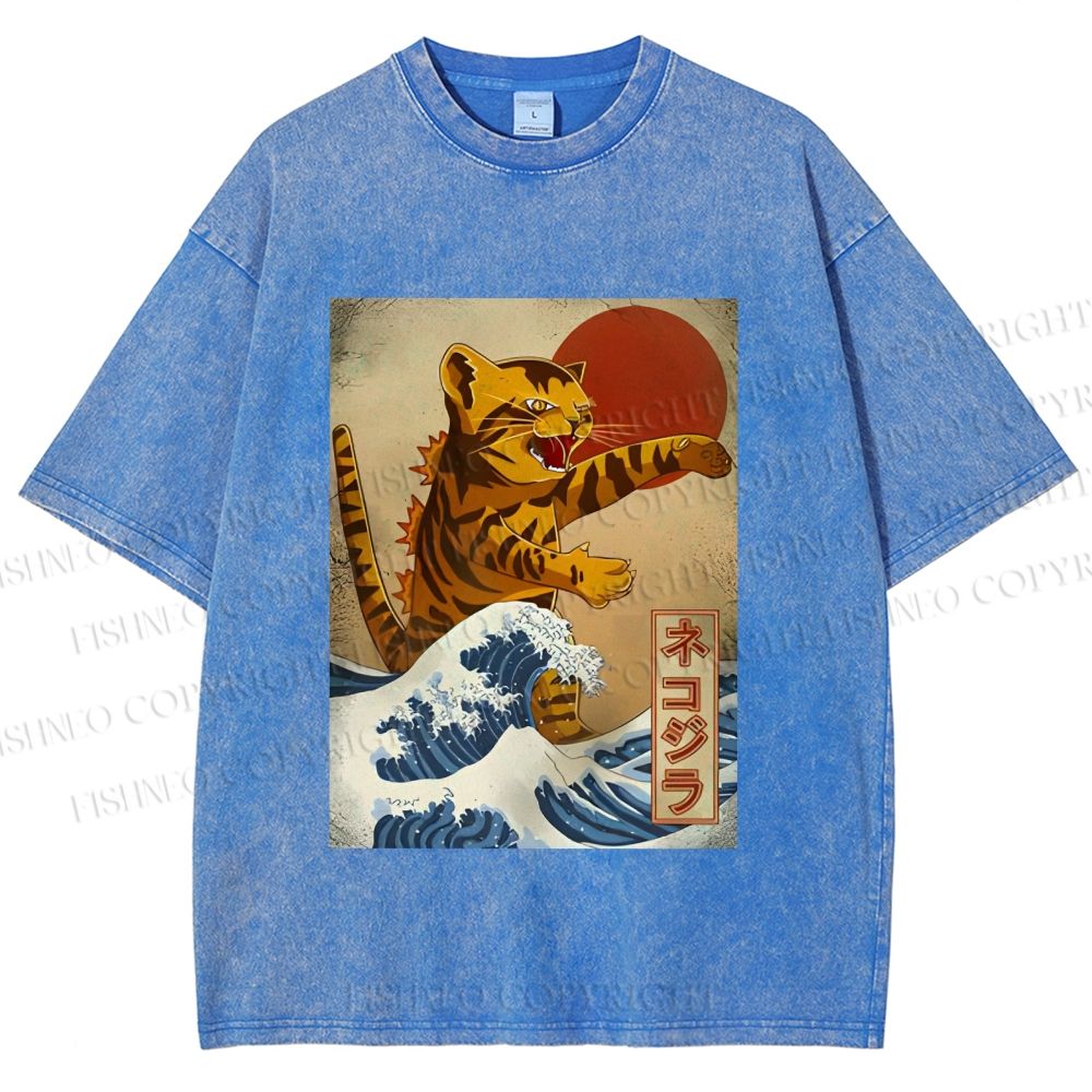 Unisex Japanese Wave Cat Printed Washed Tee