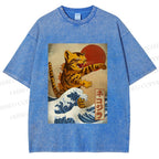 Unisex Japanese Wave Cat Printed Washed Tee