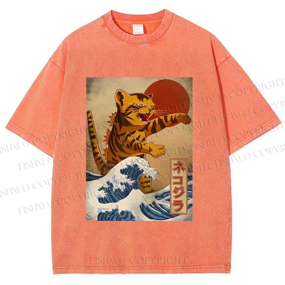 Unisex Japanese Wave Cat Printed Washed Tee