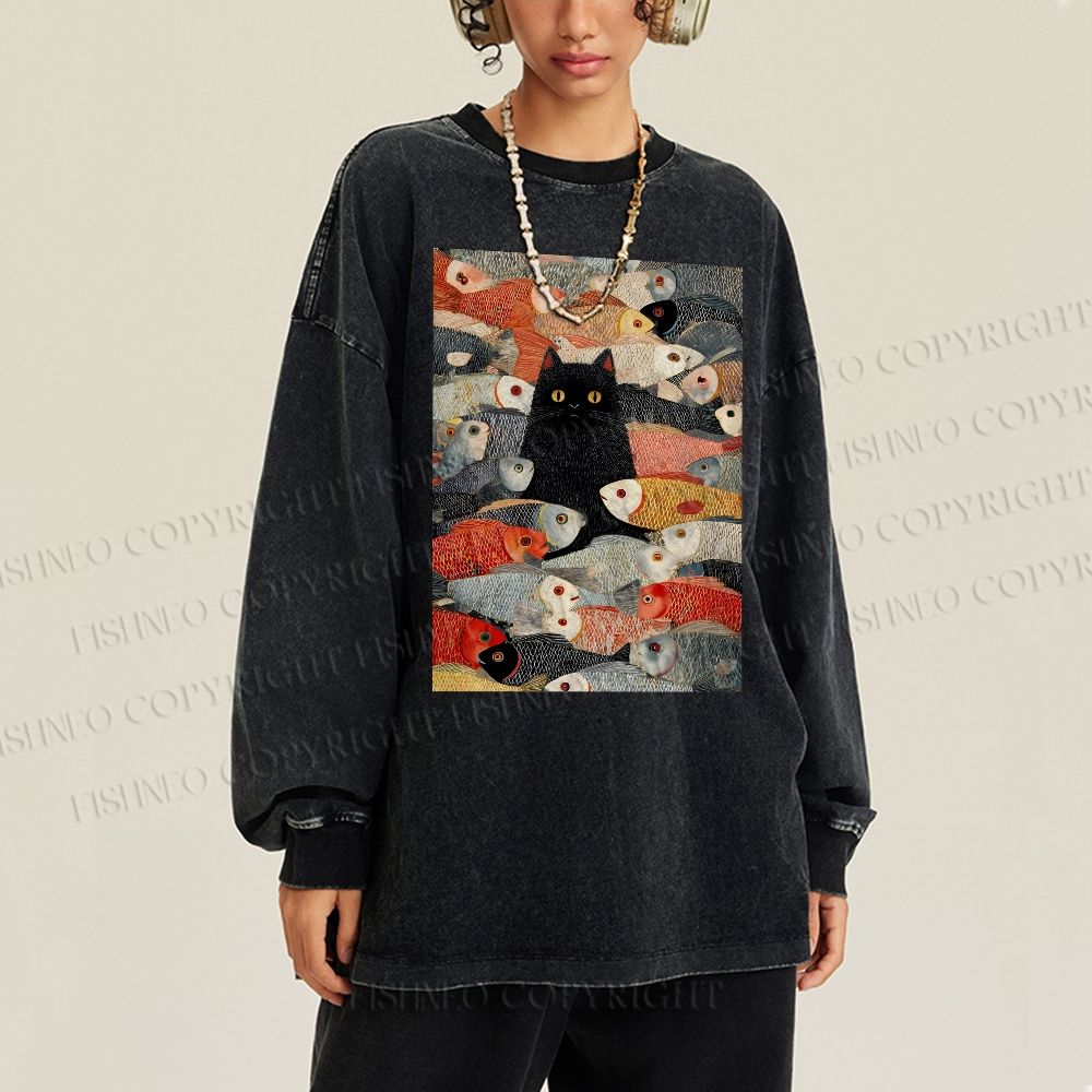 Unisex Casual Washed Vintage Japanese Black Cat Koi Fish Printed Long Sleeve T-shirt