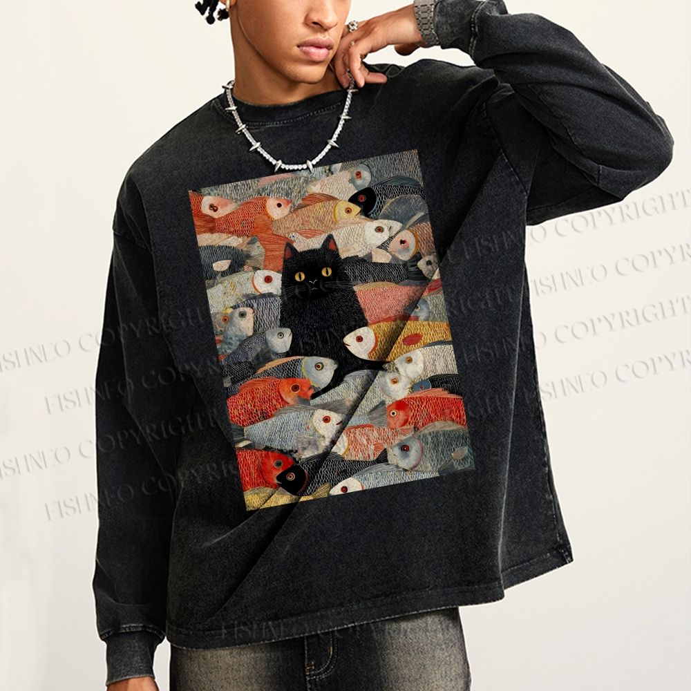 Unisex Casual Washed Vintage Japanese Black Cat Koi Fish Printed Long Sleeve T-shirt