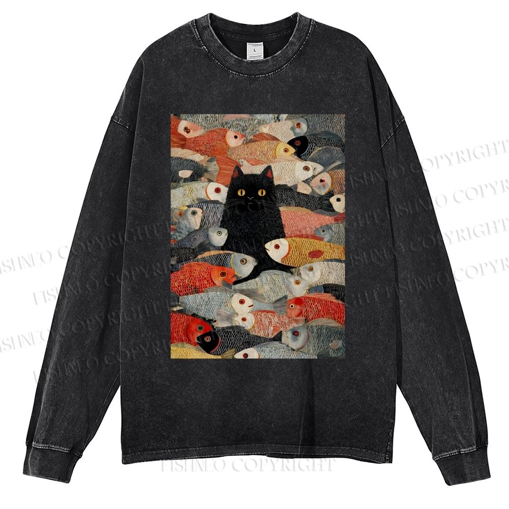 Unisex Casual Washed Vintage Japanese Black Cat Koi Fish Printed Long Sleeve T-shirt