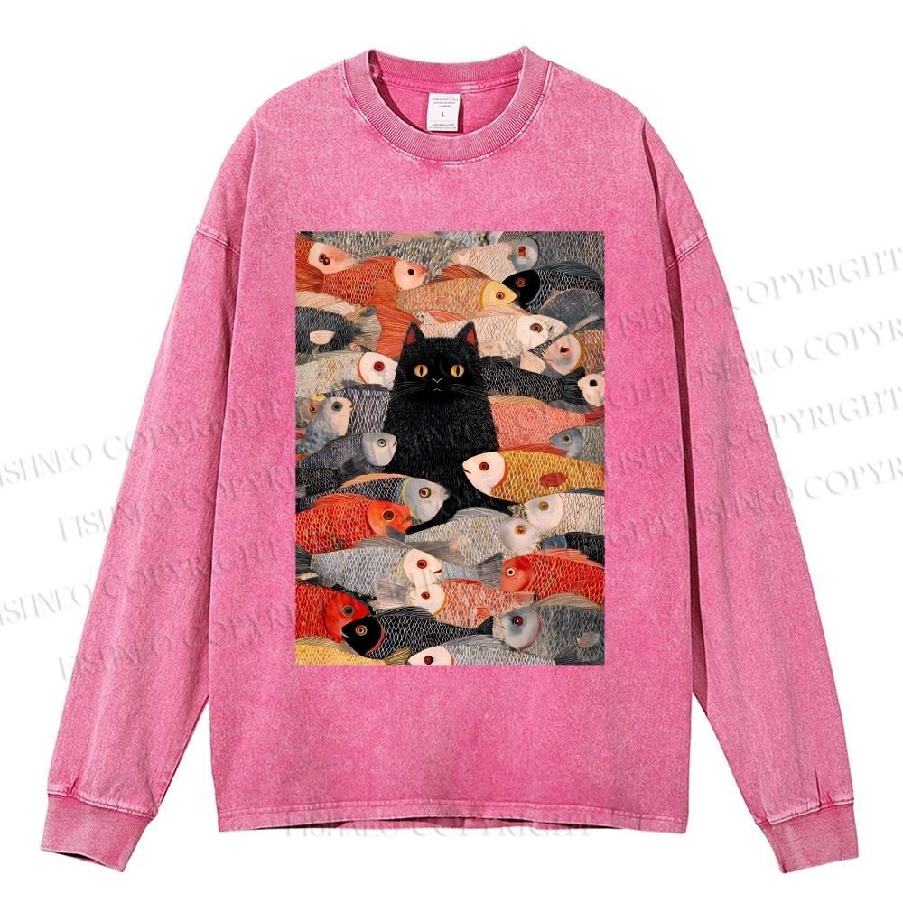 Unisex Casual Washed Vintage Japanese Black Cat Koi Fish Printed Long Sleeve T-shirt