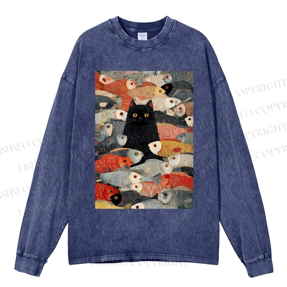 Unisex Casual Washed Vintage Japanese Black Cat Koi Fish Printed Long Sleeve T-shirt