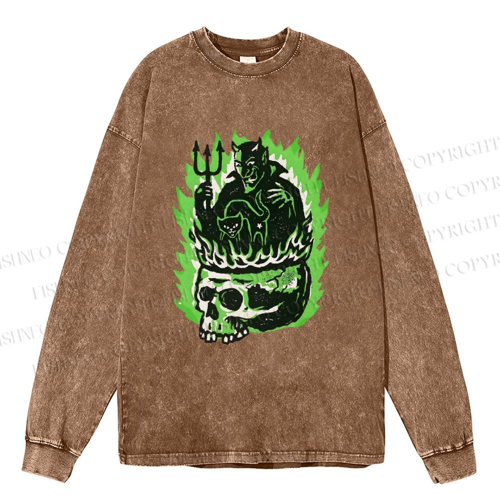 Unisex Casual Washed Vintage Demon Hell Skull Printed Long Sleeve T-shirt