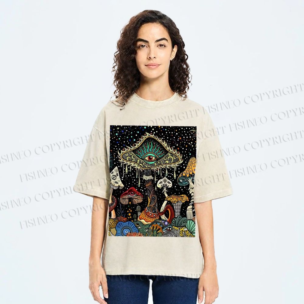 Unisex Magic Mushroom Eye Printed Washed Tee