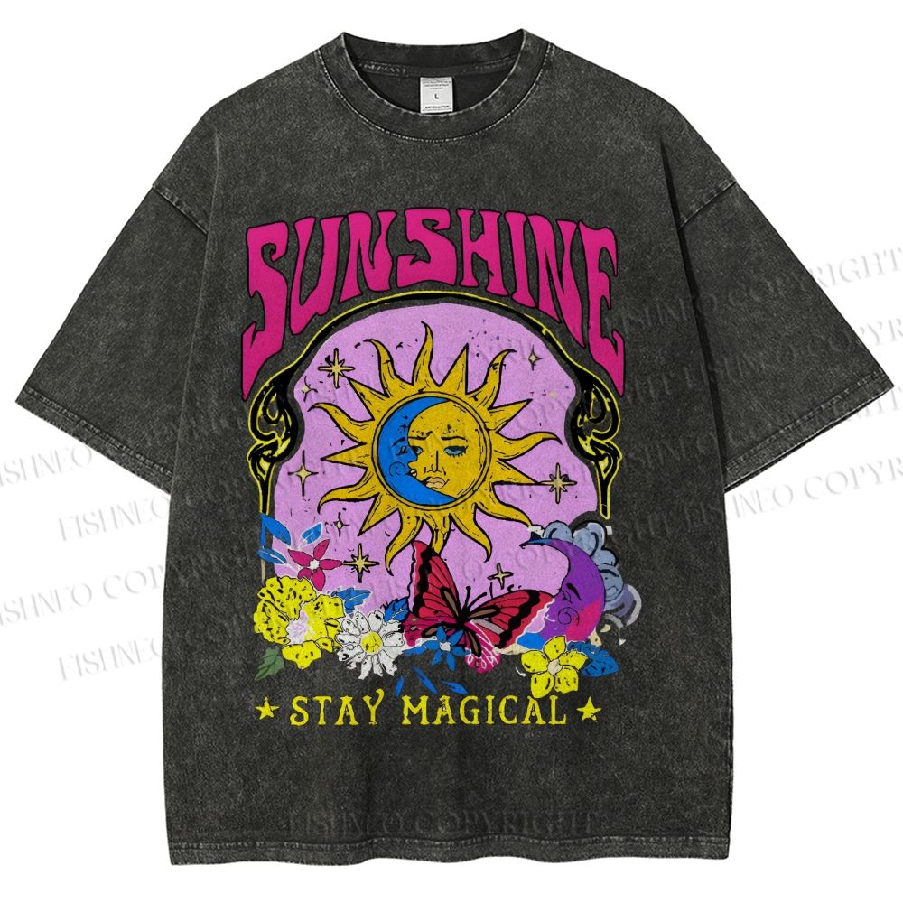 Unisex Vintage Sunshine Graffiti Printed Washed Tee