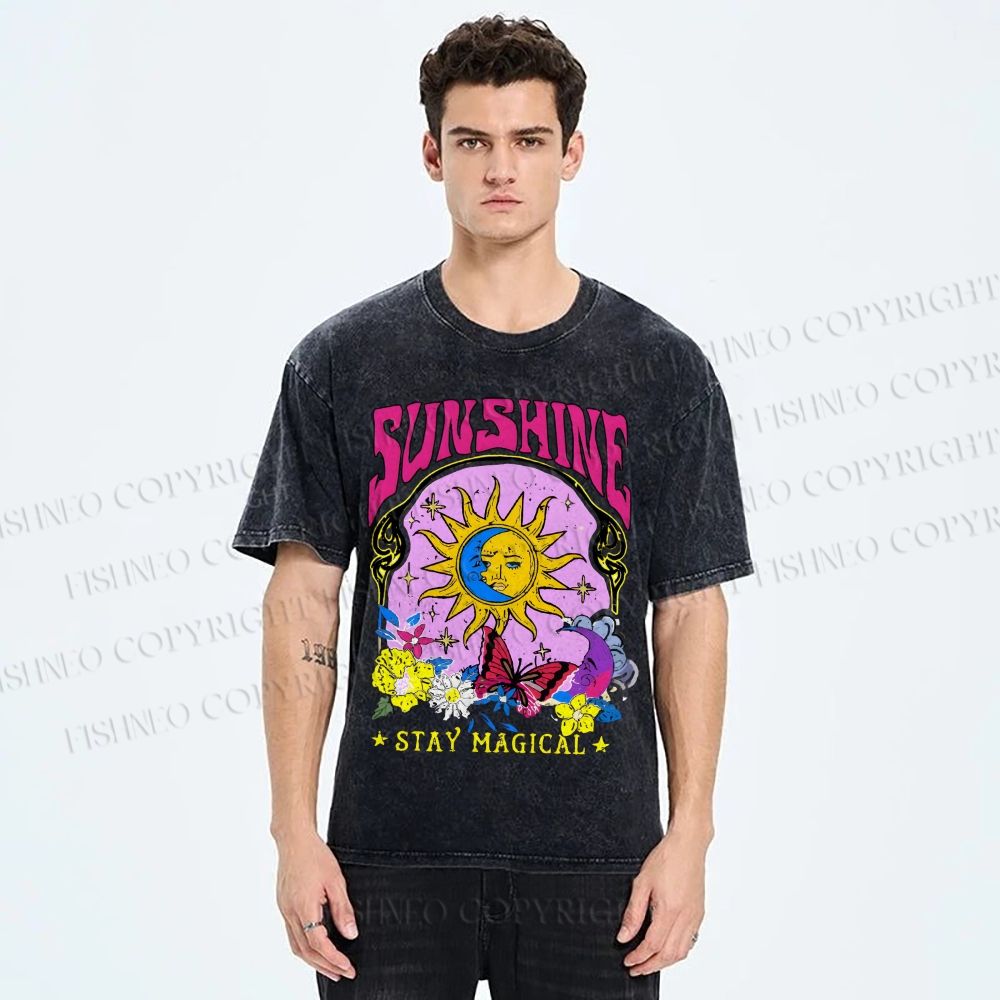 Unisex Vintage Sunshine Graffiti Printed Washed Tee