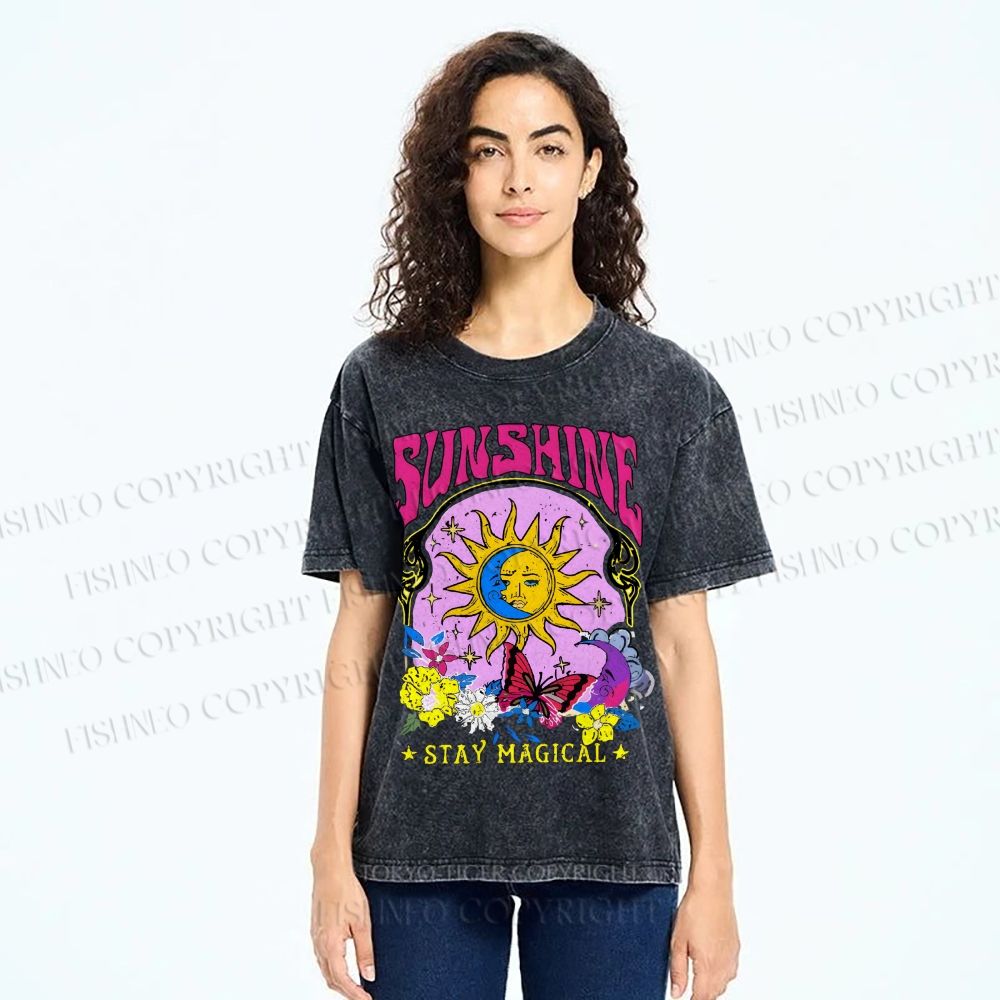 Unisex Vintage Sunshine Graffiti Printed Washed Tee