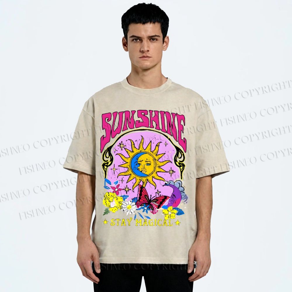 Unisex Vintage Sunshine Graffiti Printed Washed Tee