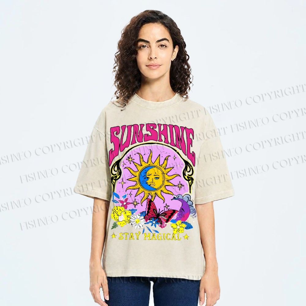 Unisex Vintage Sunshine Graffiti Printed Washed Tee