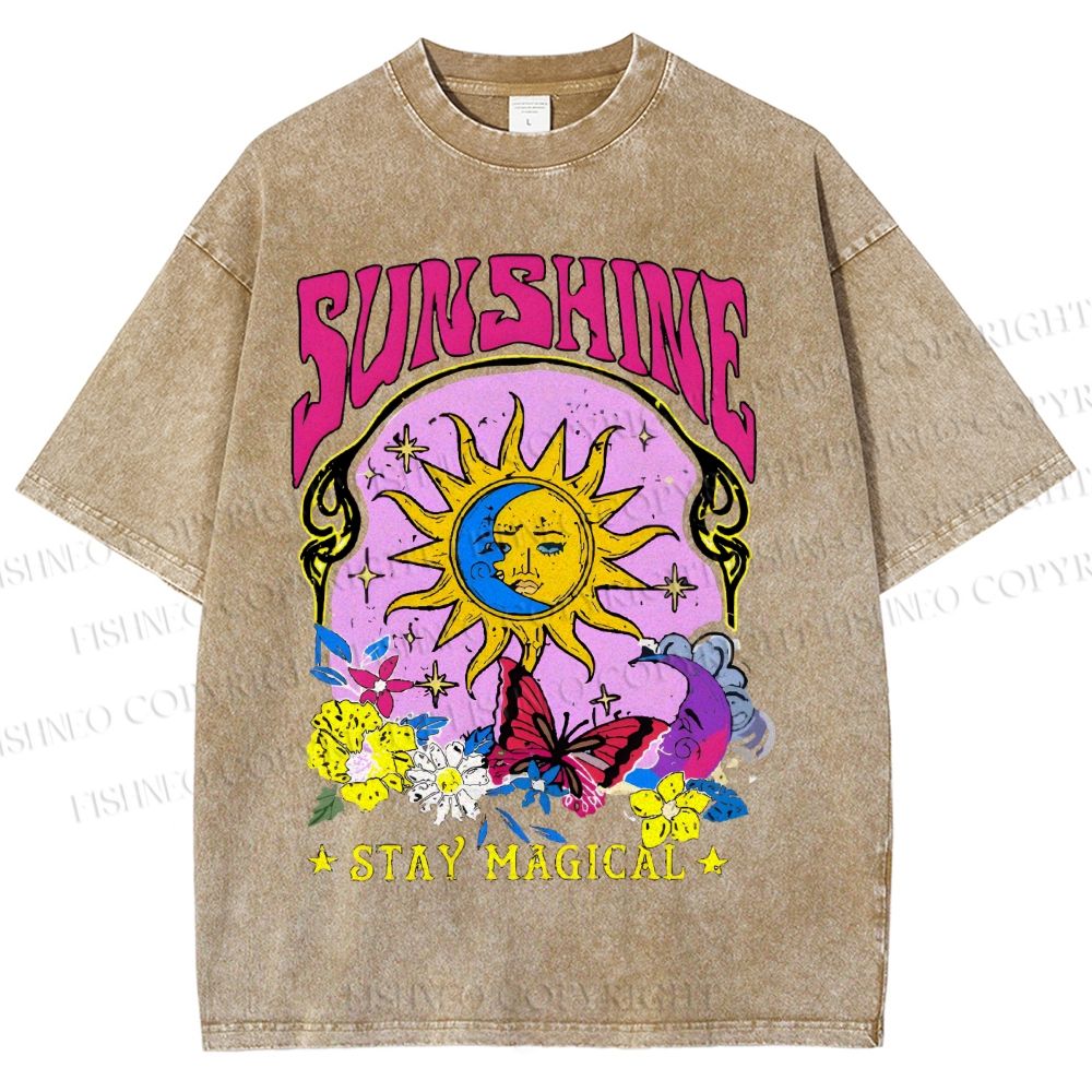 Unisex Vintage Sunshine Graffiti Printed Washed Tee