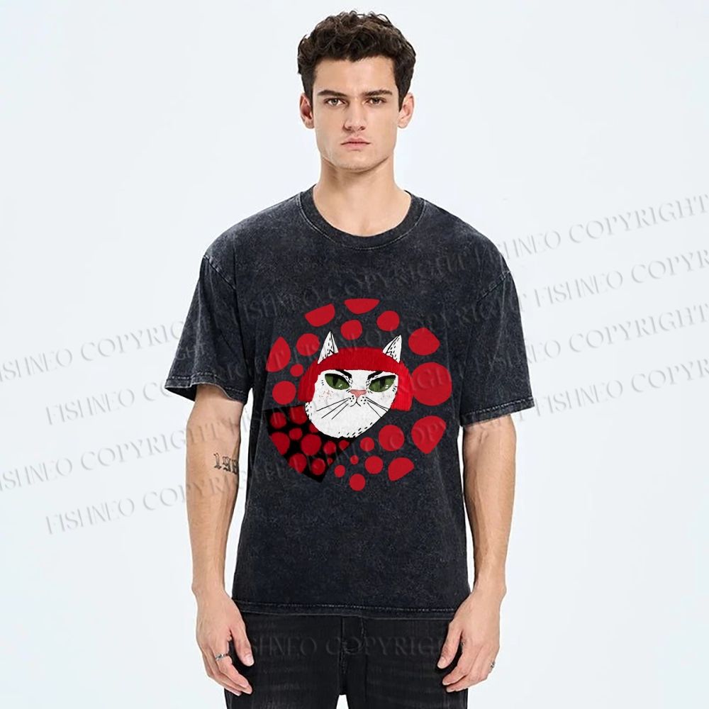 Unisex Japanese Art Yayoi Kusama Cat Printed Washed Tee
