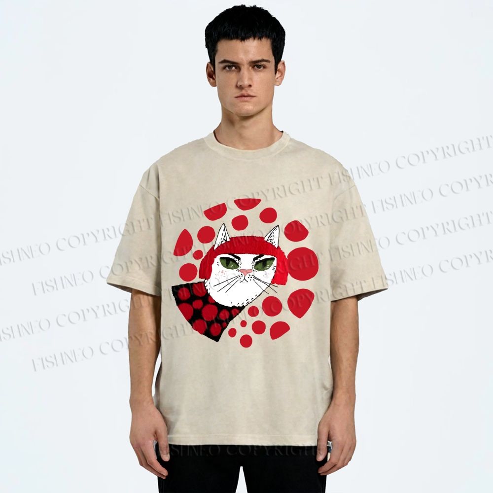Unisex Japanese Art Yayoi Kusama Cat Printed Washed Tee