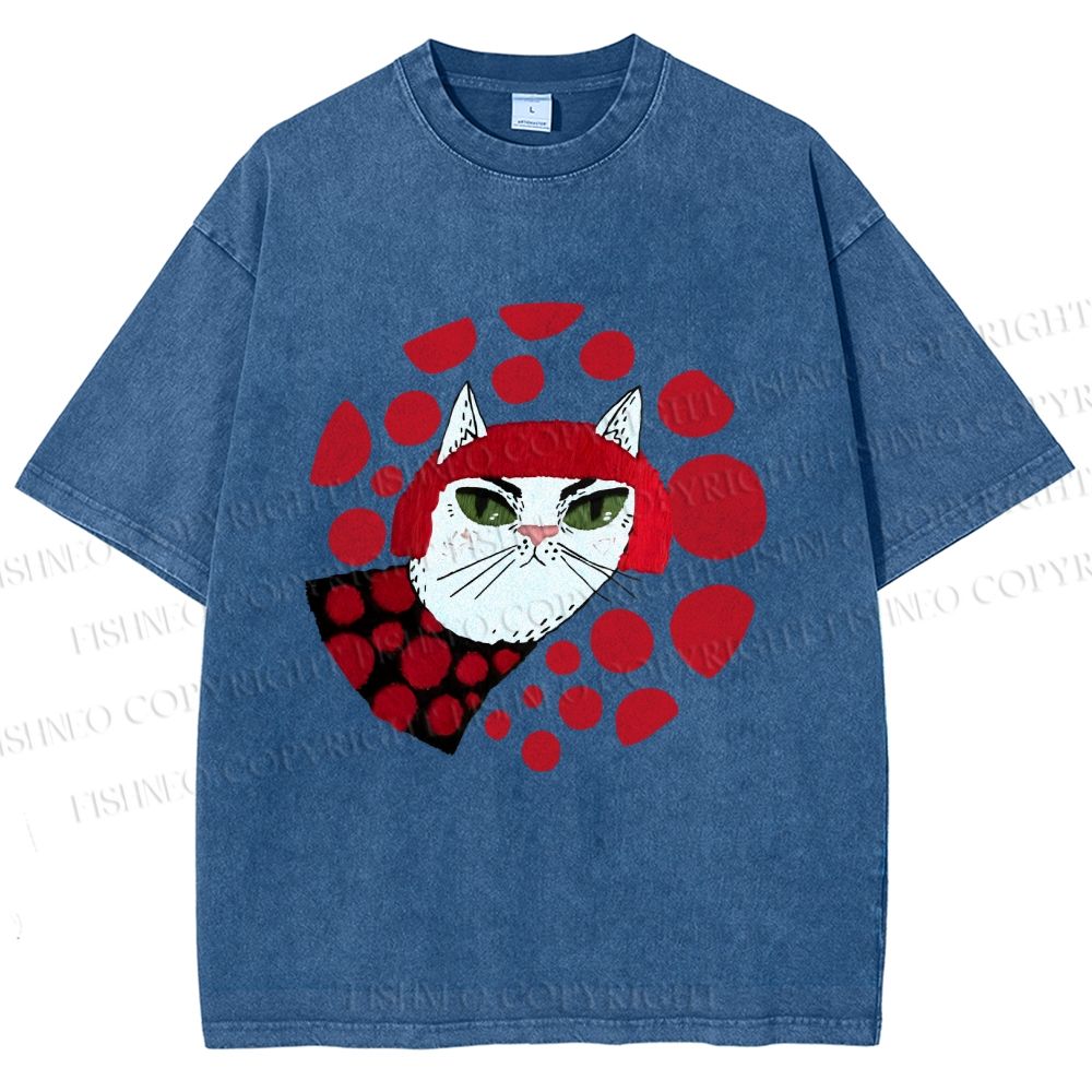 Unisex Japanese Art Yayoi Kusama Cat Printed Washed Tee