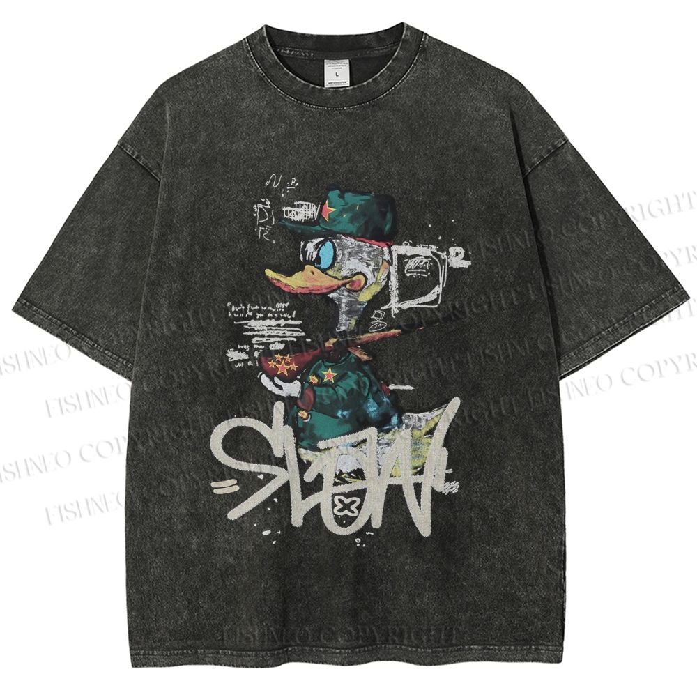 Unisex Vintage Funny Slow Duck Printed Washed Tee