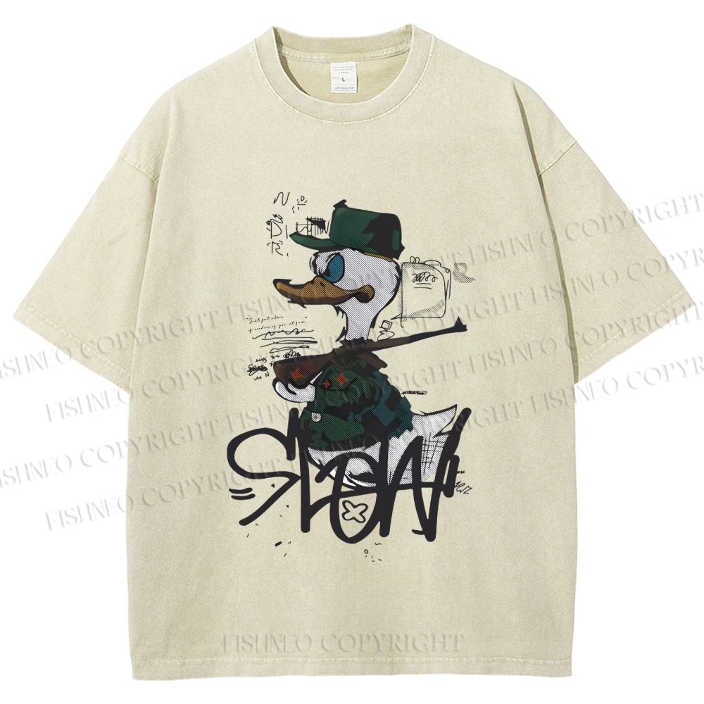 Unisex Vintage Funny Slow Duck Printed Washed Tee