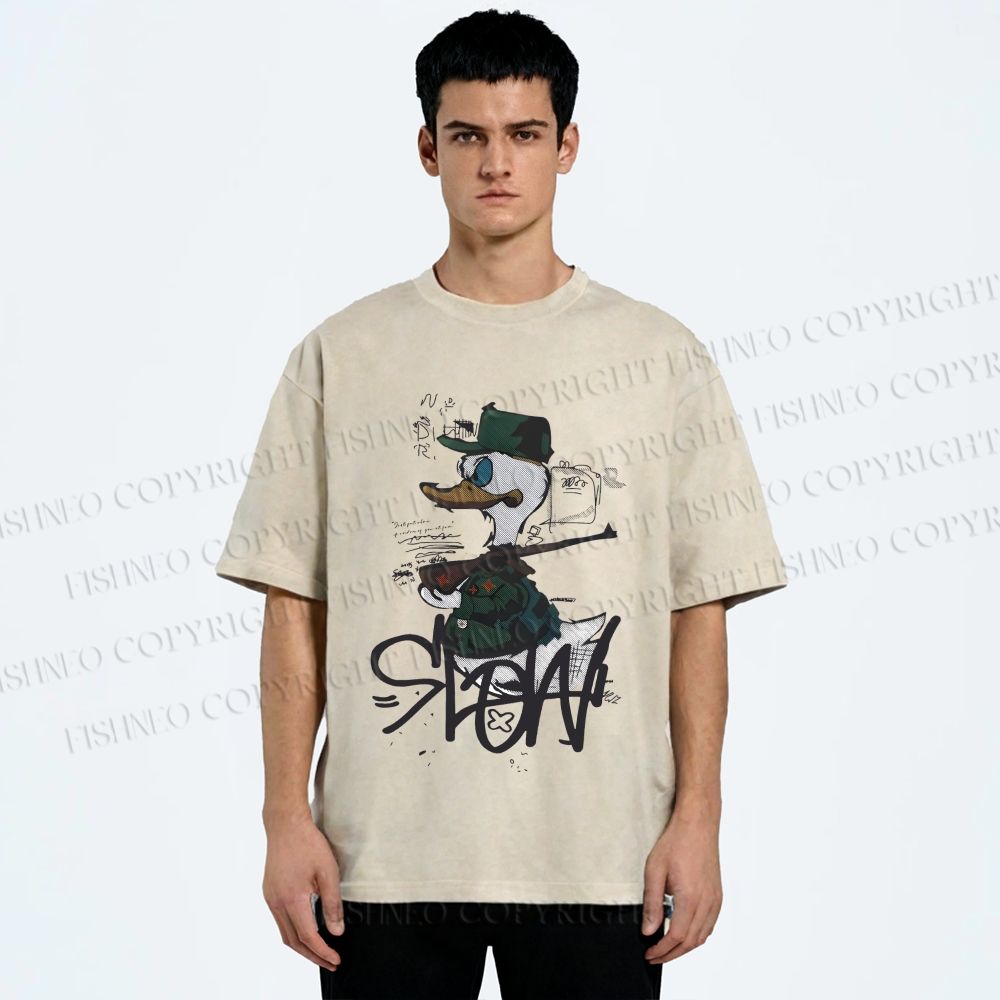 Unisex Vintage Funny Slow Duck Printed Washed Tee