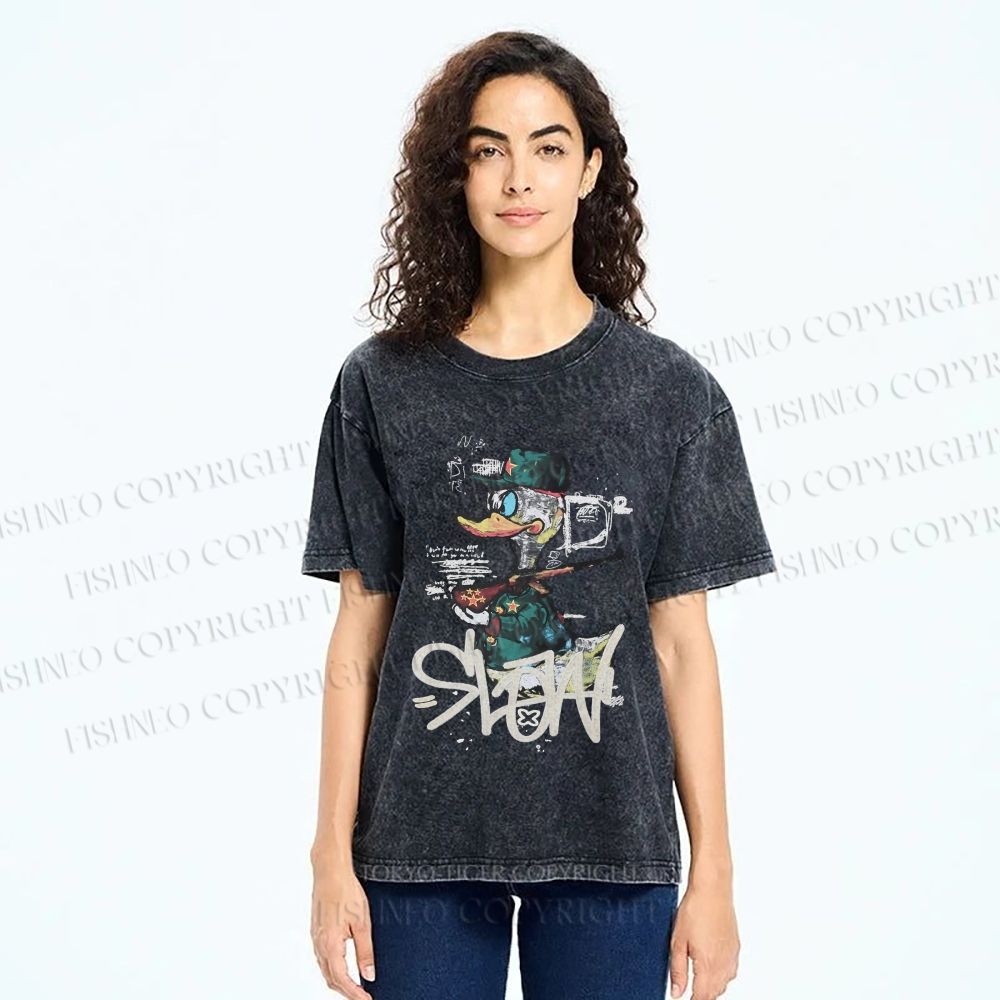 Unisex Vintage Funny Slow Duck Printed Washed Tee