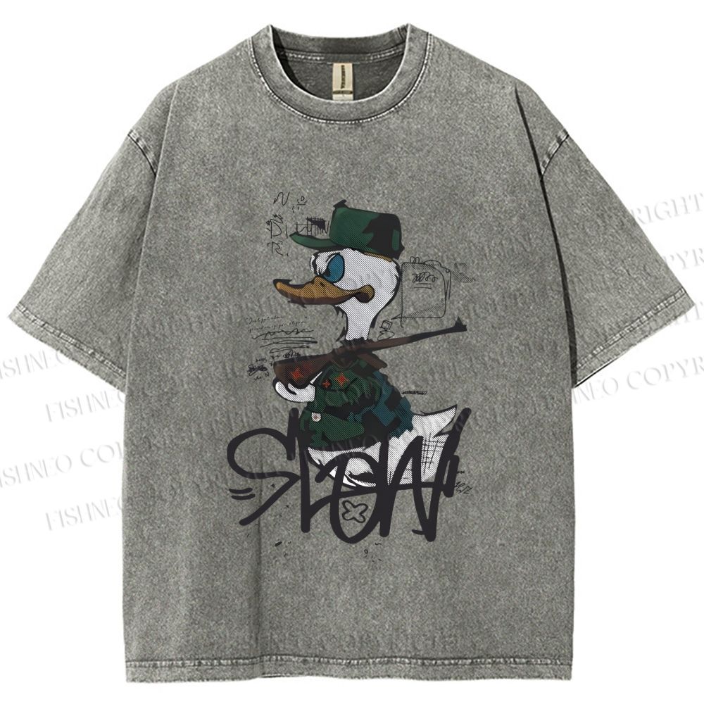 Unisex Vintage Funny Slow Duck Printed Washed Tee