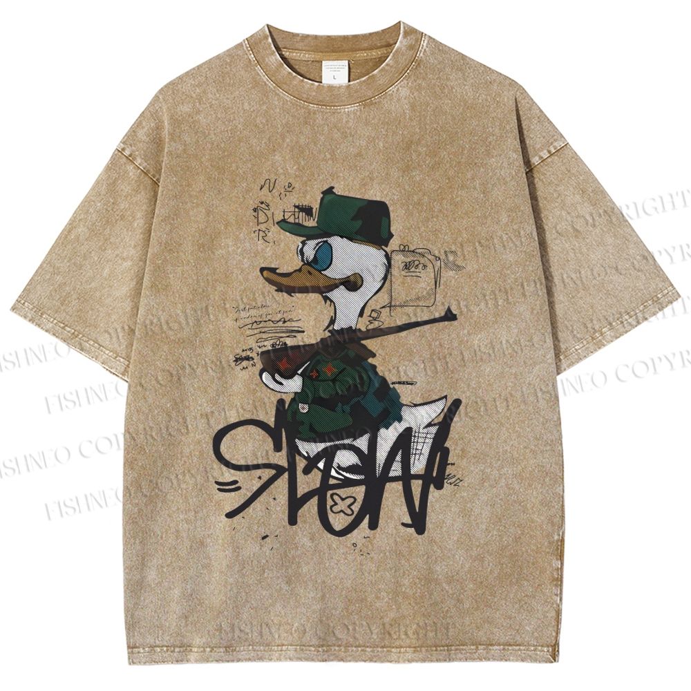 Unisex Vintage Funny Slow Duck Printed Washed Tee