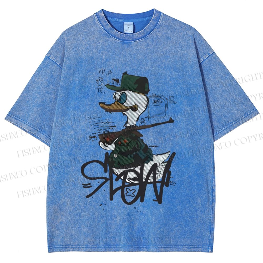 Unisex Vintage Funny Slow Duck Printed Washed Tee