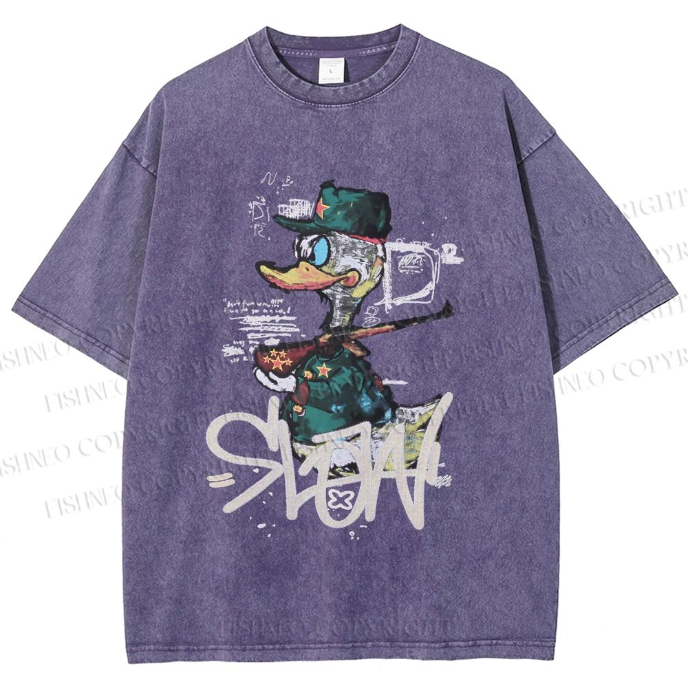 Unisex Vintage Funny Slow Duck Printed Washed Tee