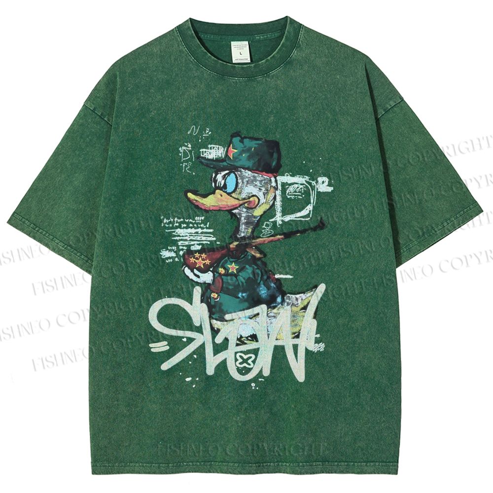 Unisex Vintage Funny Slow Duck Printed Washed Tee