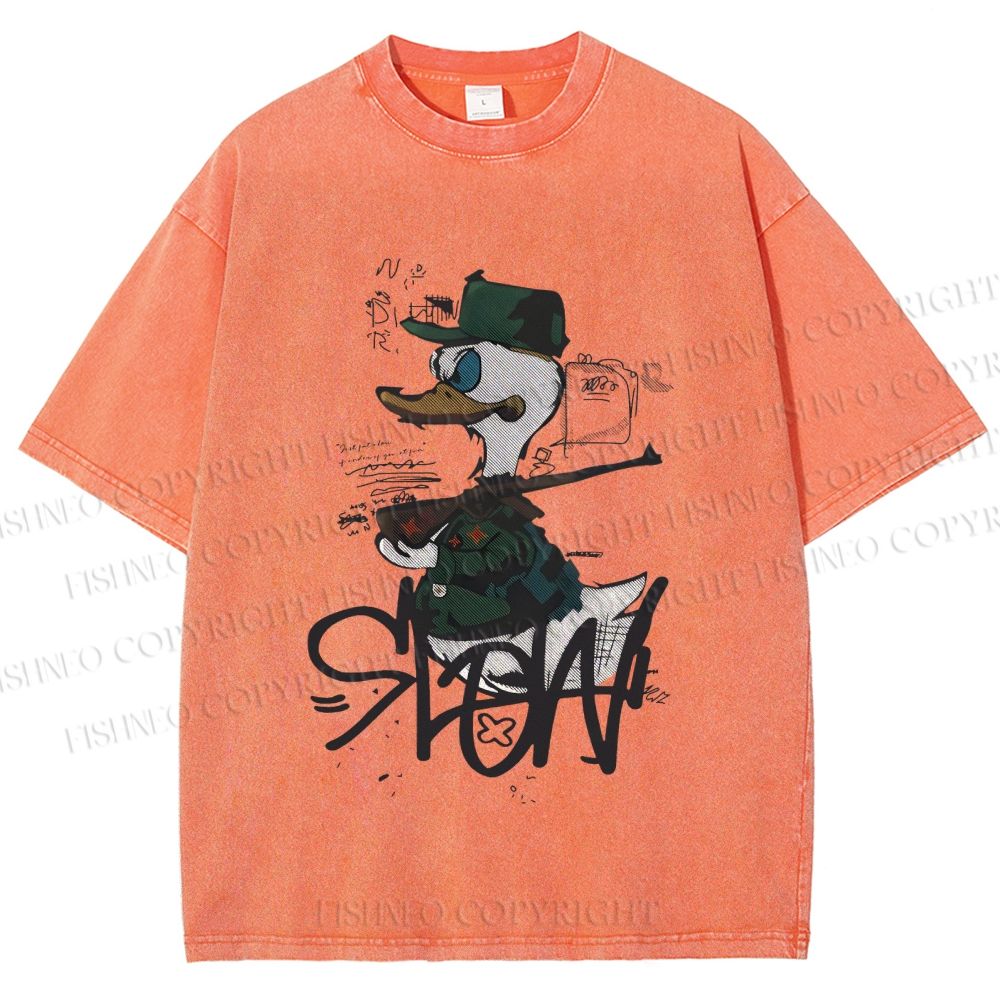 Unisex Vintage Funny Slow Duck Printed Washed Tee