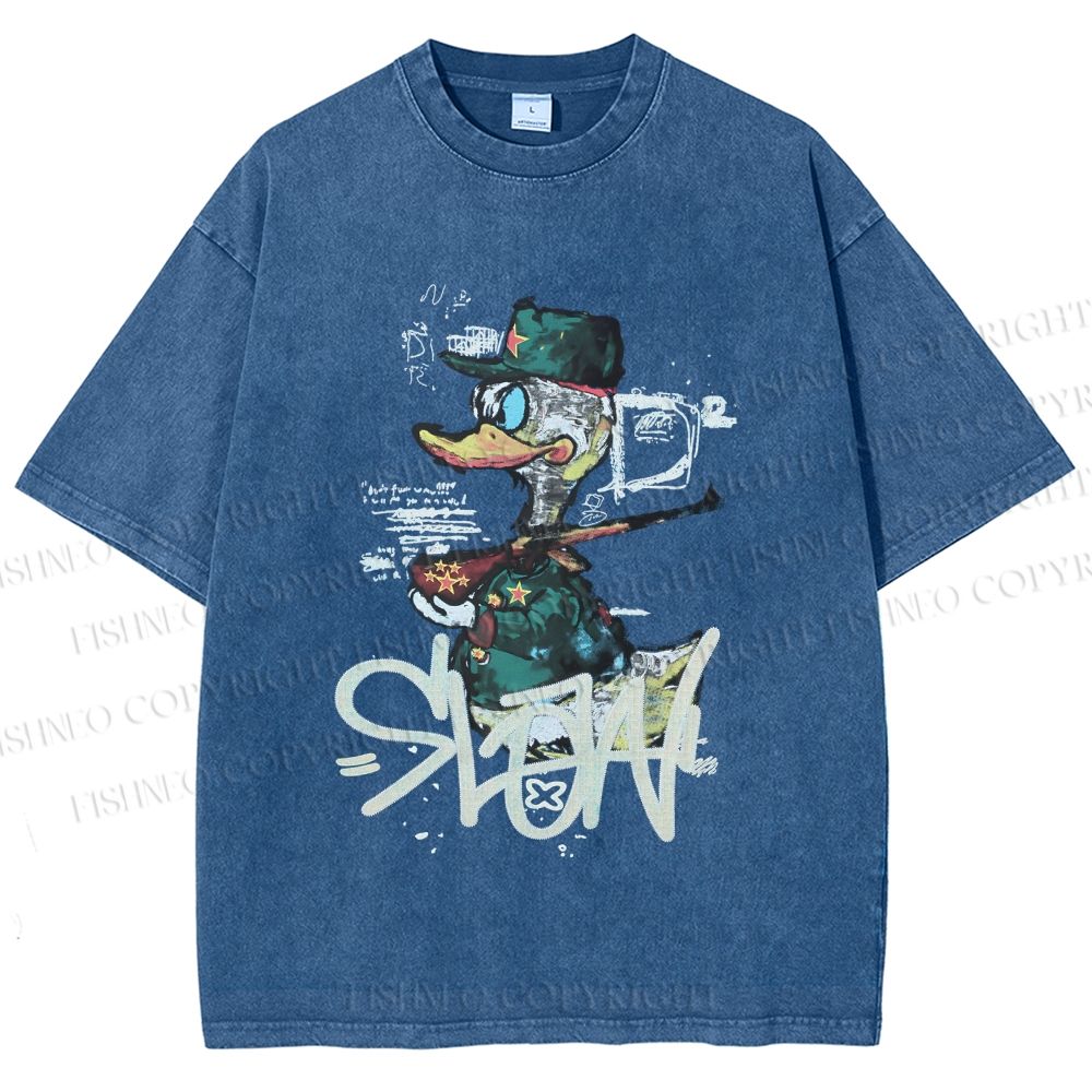 Unisex Vintage Funny Slow Duck Printed Washed Tee