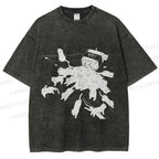 Unisex Vintage Cat Ink Printed Washed Tee