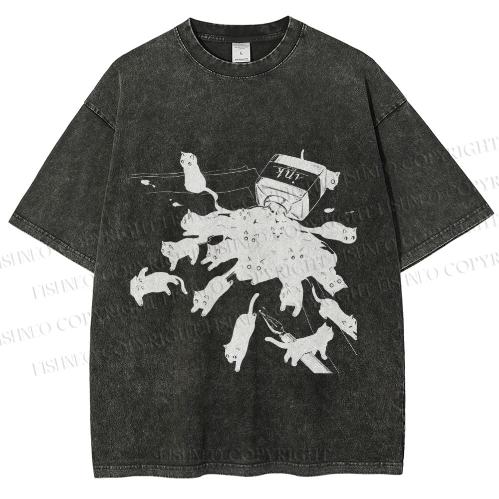 Unisex Vintage Cat Ink Printed Washed Tee