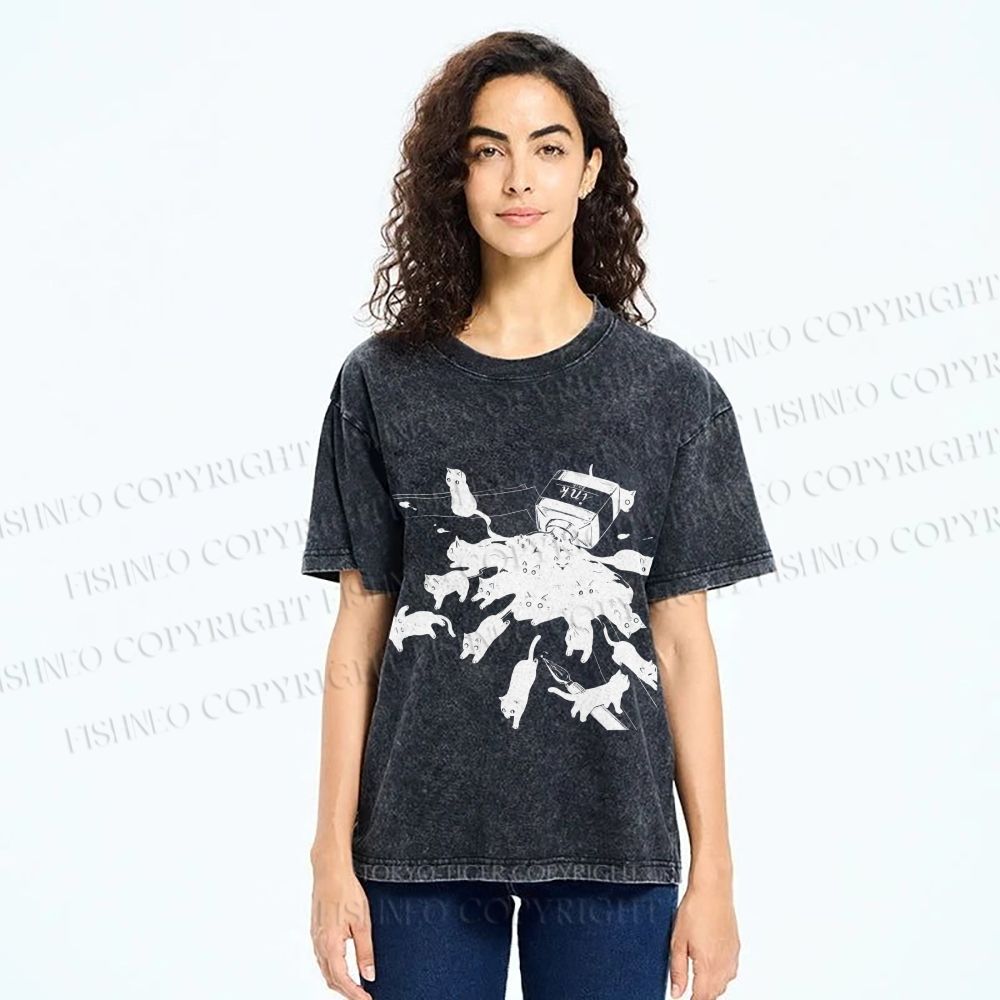 Unisex Vintage Cat Ink Printed Washed Tee