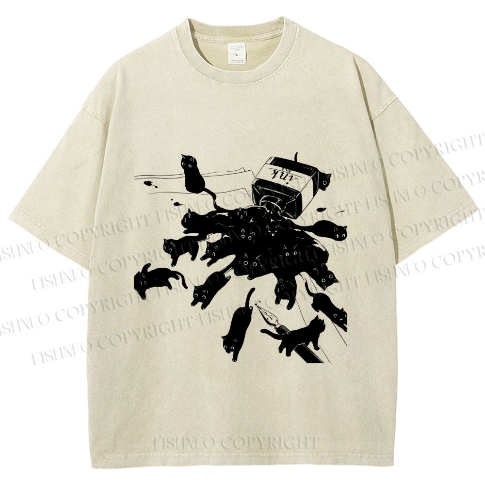 Unisex Vintage Cat Ink Printed Washed Tee