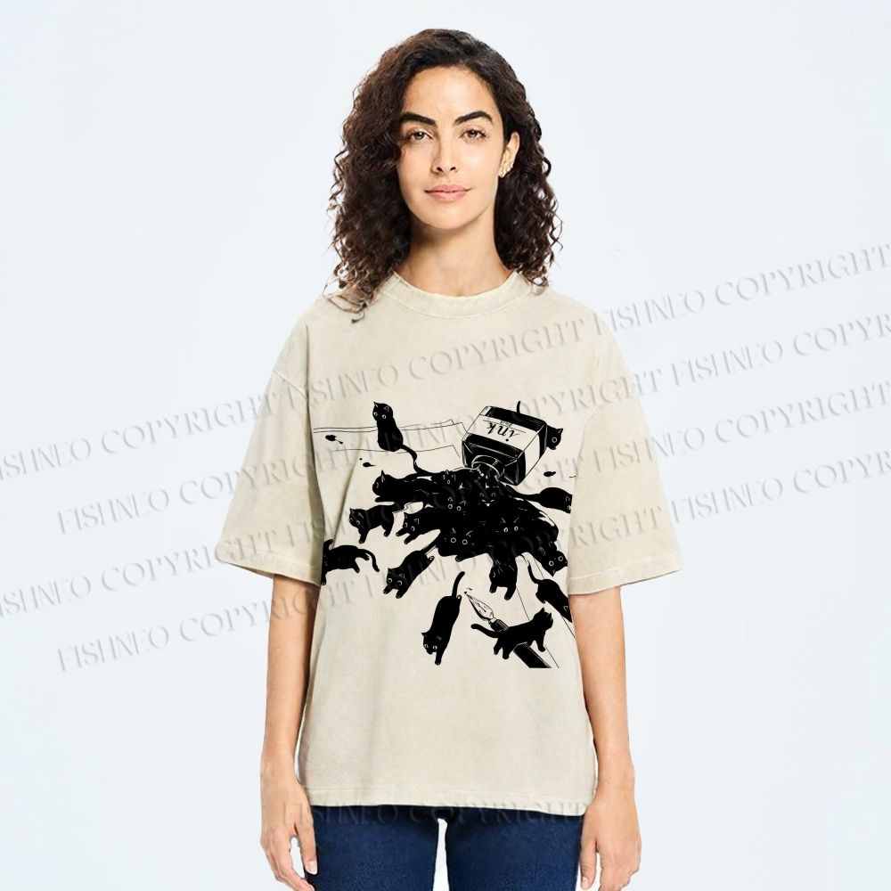 Unisex Vintage Cat Ink Printed Washed Tee